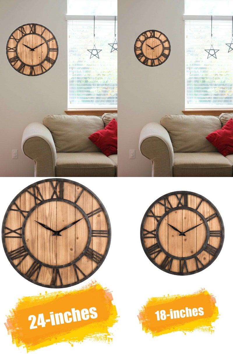 Oldtown Clocks ساعة حائط معدنية وخشبية صامتة من أولدتاون فارمهاوس (خشب، 24 بوصة) - Image 5